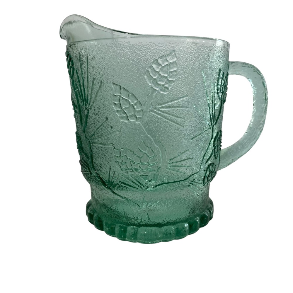 Tiara Exclusives Green Glass Pitcher Pinecone Pattern Textured 8.5 Inch Vintage